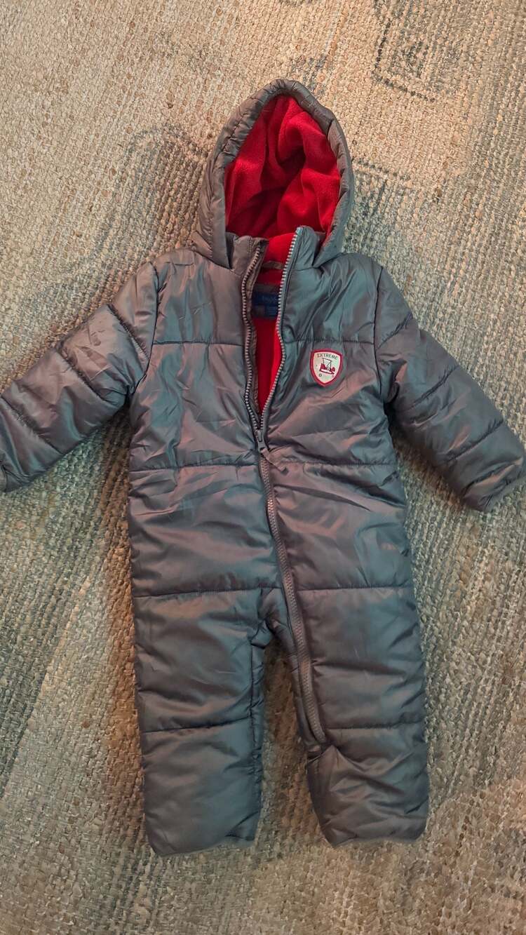 Baby Xtreme Snow Suit Size 12/18M Gray Red Hooded Puffer Snowsuit